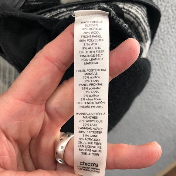 Chicos Sweater Women 1 US Medium Charlene Black Gingham Wool Blend Cardigan Belt - Picture 7 of 11